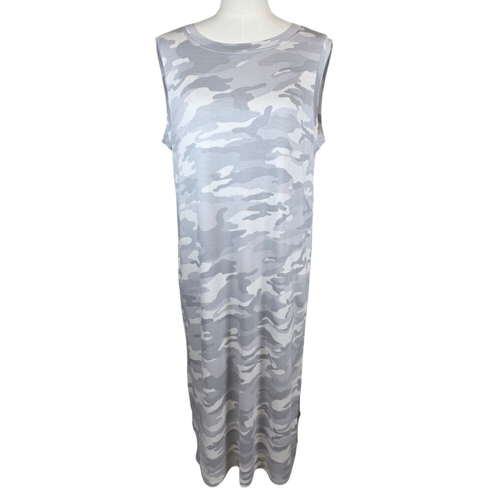 Hilary Radley Gray Camo Extra Soft Sleeveless Midi Dress w/Side Slit